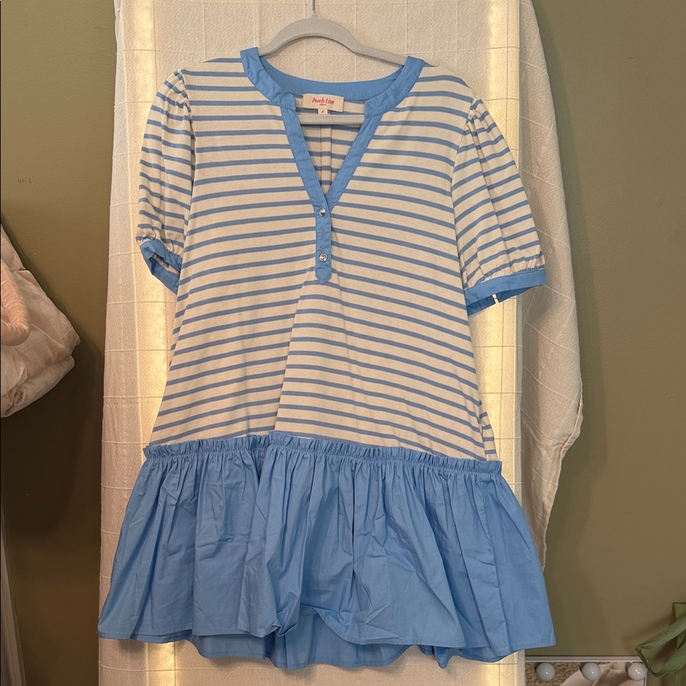 Peach Love Blue and White Striped Button Down dress with ruffled skirt
